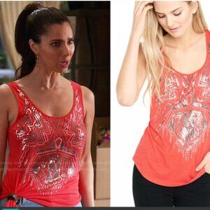 Express Embellished Silver Sequin Red Tank Top